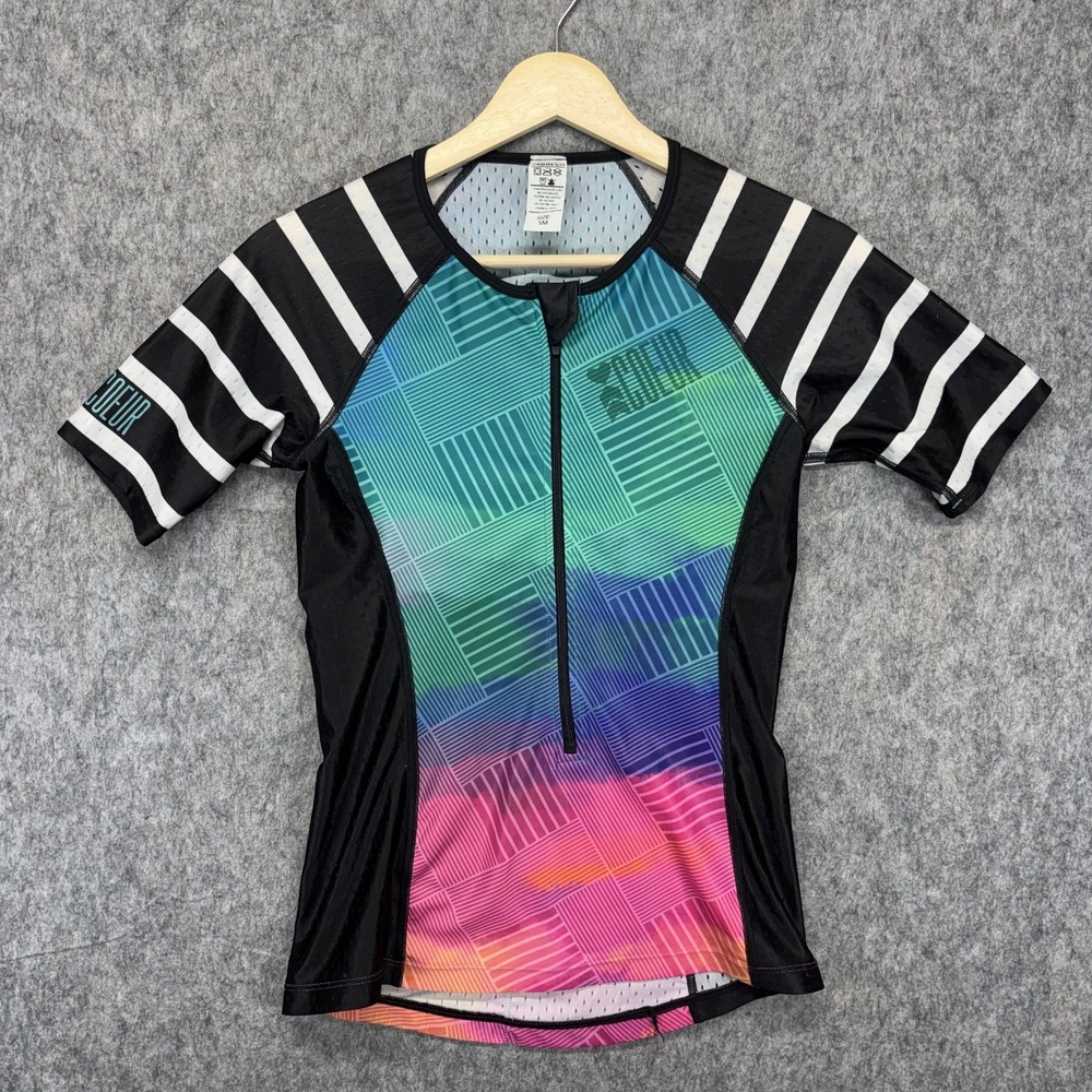 COEUR Triathlon Short Sleeve Top Women Small Colorful Run Cycle Swim Pockets Zip